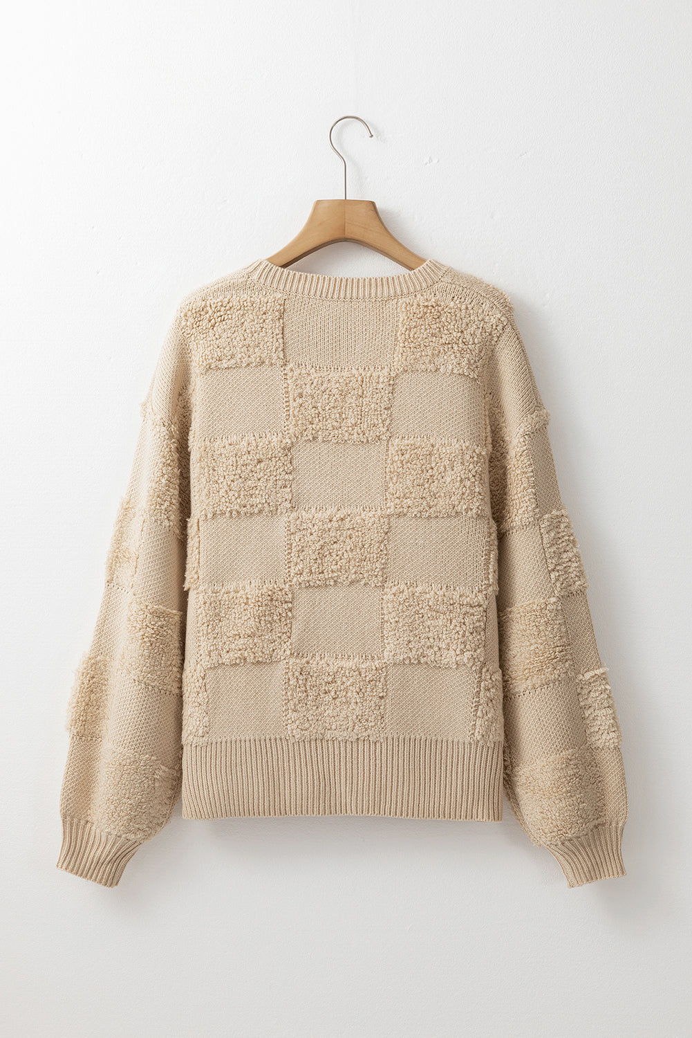 Parchment Checkered Sherpa Crew Neck Loose Sweater