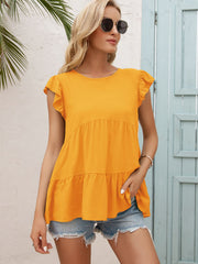 Ivy Lane Round Neck Flutter Sleeve Tiered Blouse