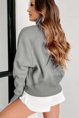 Gray Zip Up Stand Collar Ribbed Thumbhole Sleeve Sweatshirt