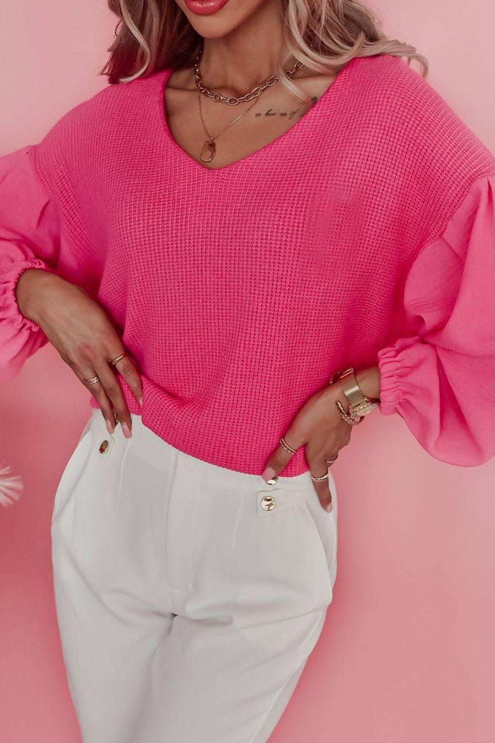 Waffle-Knit V-Neck Long Sleeve Blouse - PD SECRET REALM