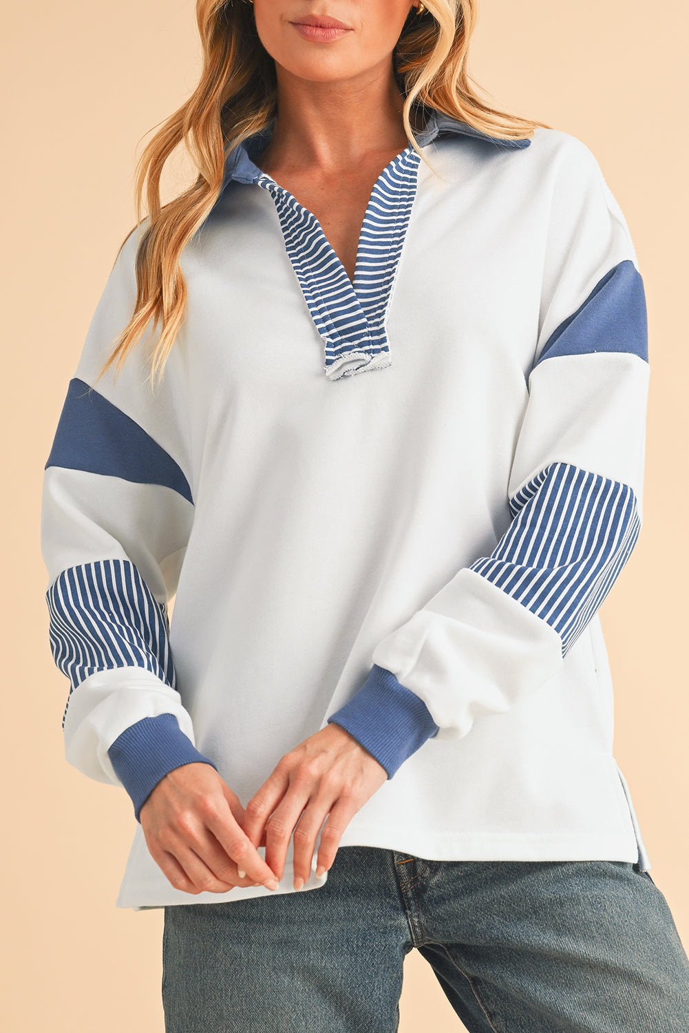 Sail Blue Striped Patchwork Collar Sweatshirt