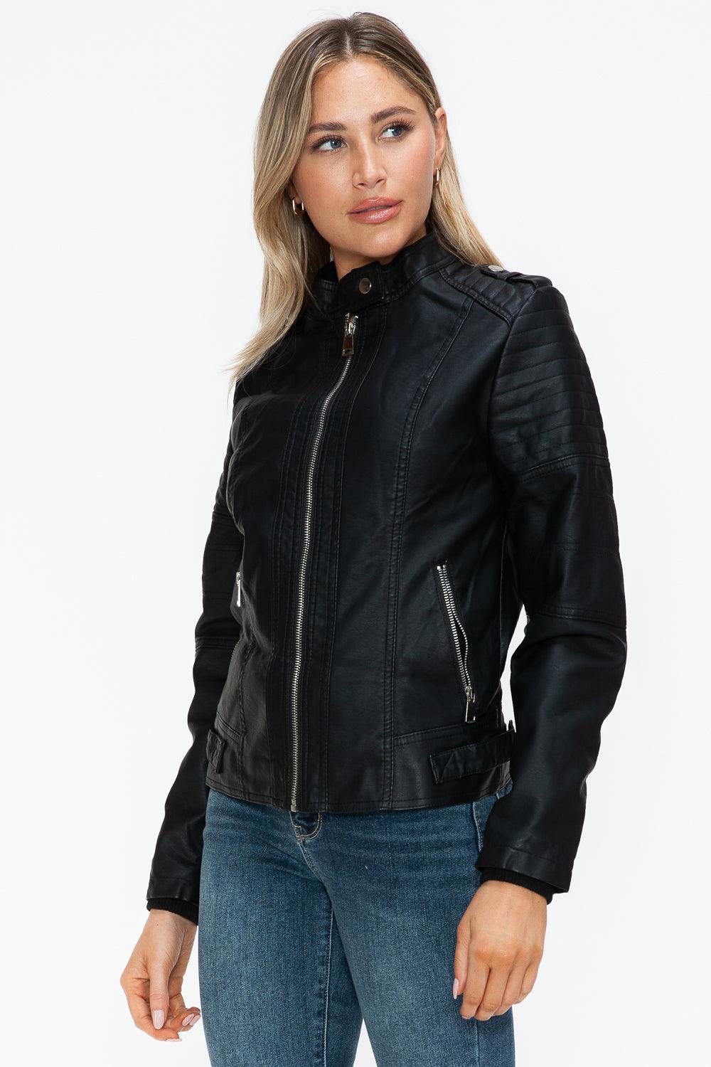 Snobbish PU Leather Biker Jacket with Side Zip Pockets - PD SECRET REALM