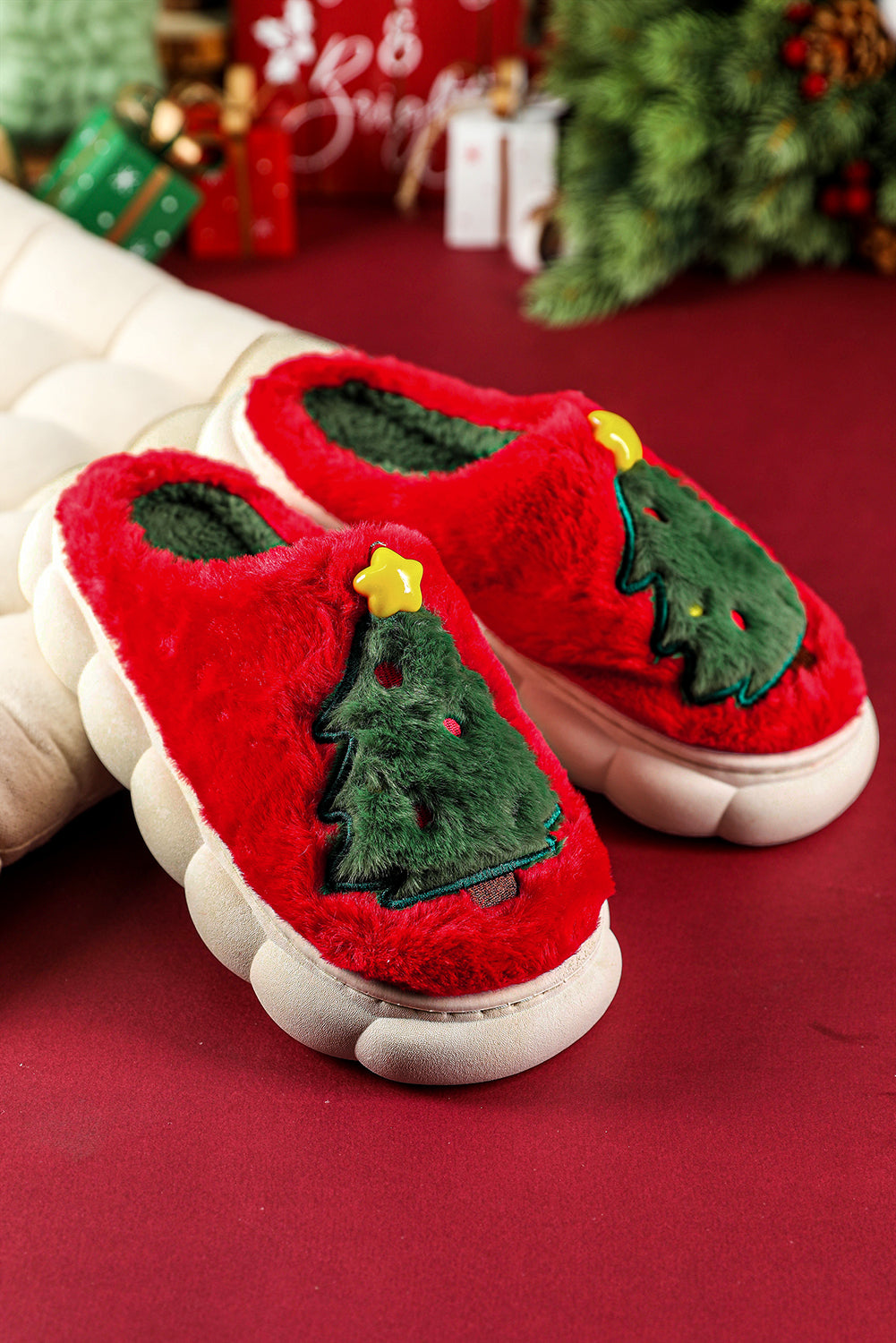 Fiery Red Christmas Tree Graphic Plush Slippers