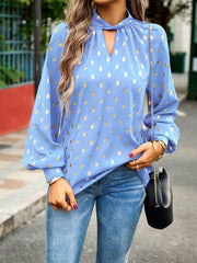 Devine Mock Neck Cutout Lantern Sleeve Blouse