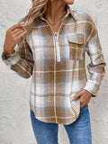 Plaid Collared Neck Half Zip Long Sleeve Top - PD SECRET REALM