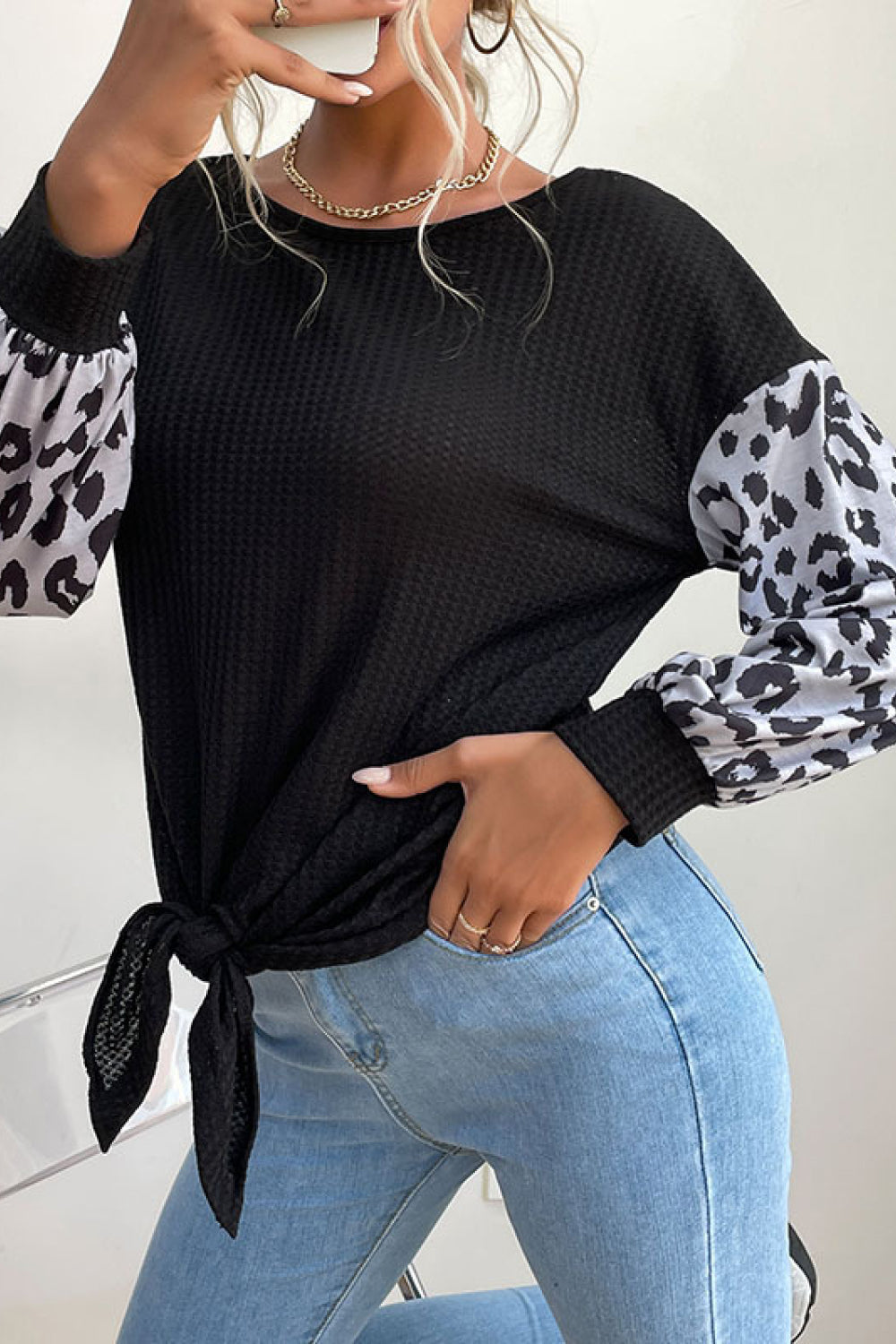 Perfee Leopard Print Sleeve Tie Front Top