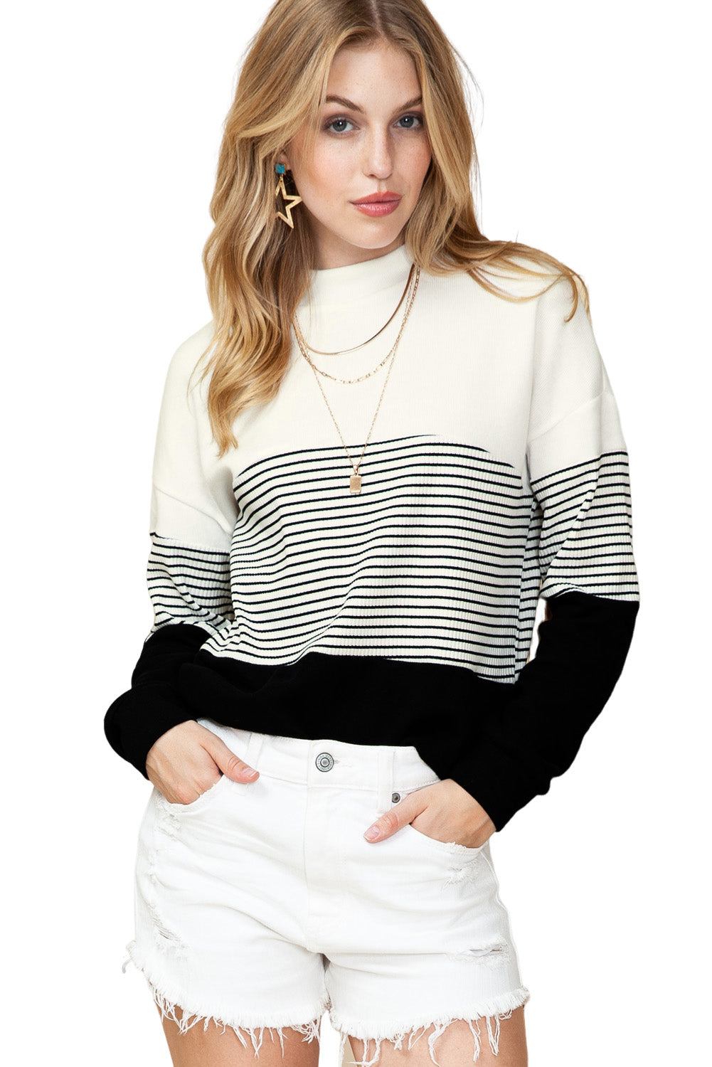 Black Striped Contrast Colorblock Knit Top