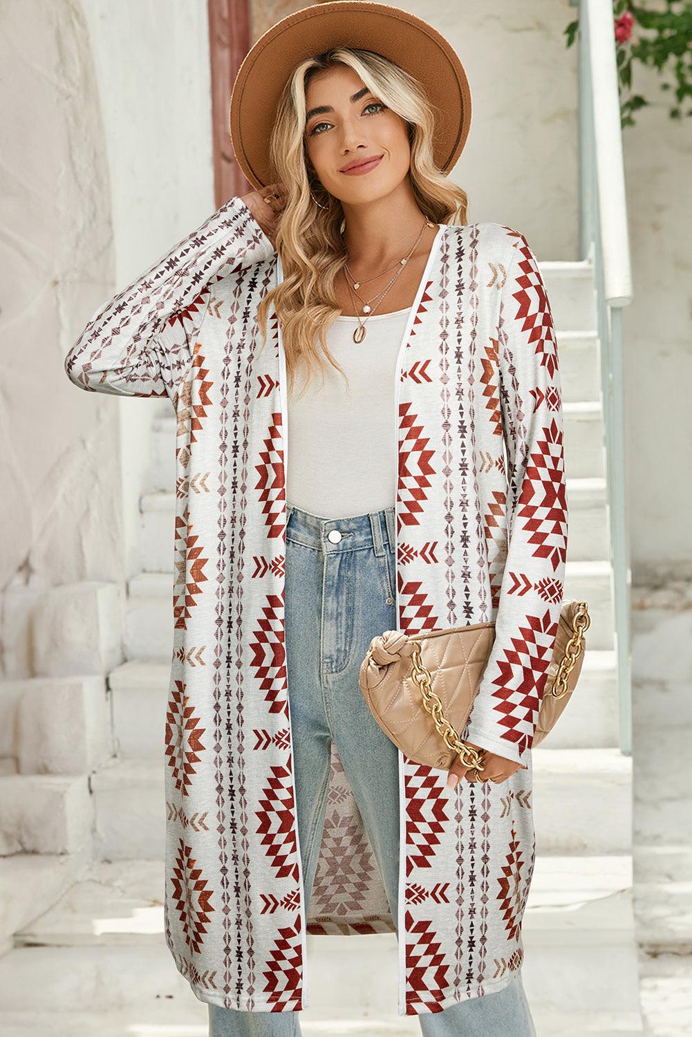 Brown Geometric Printed Open Front Long Cardigan