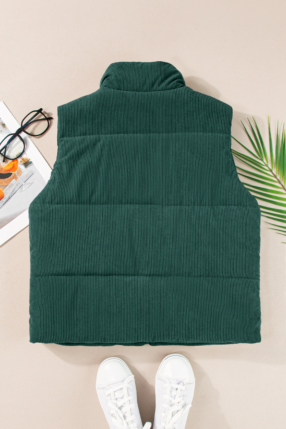 Coffee Solid Color Corduroy Puffer Vest Coat