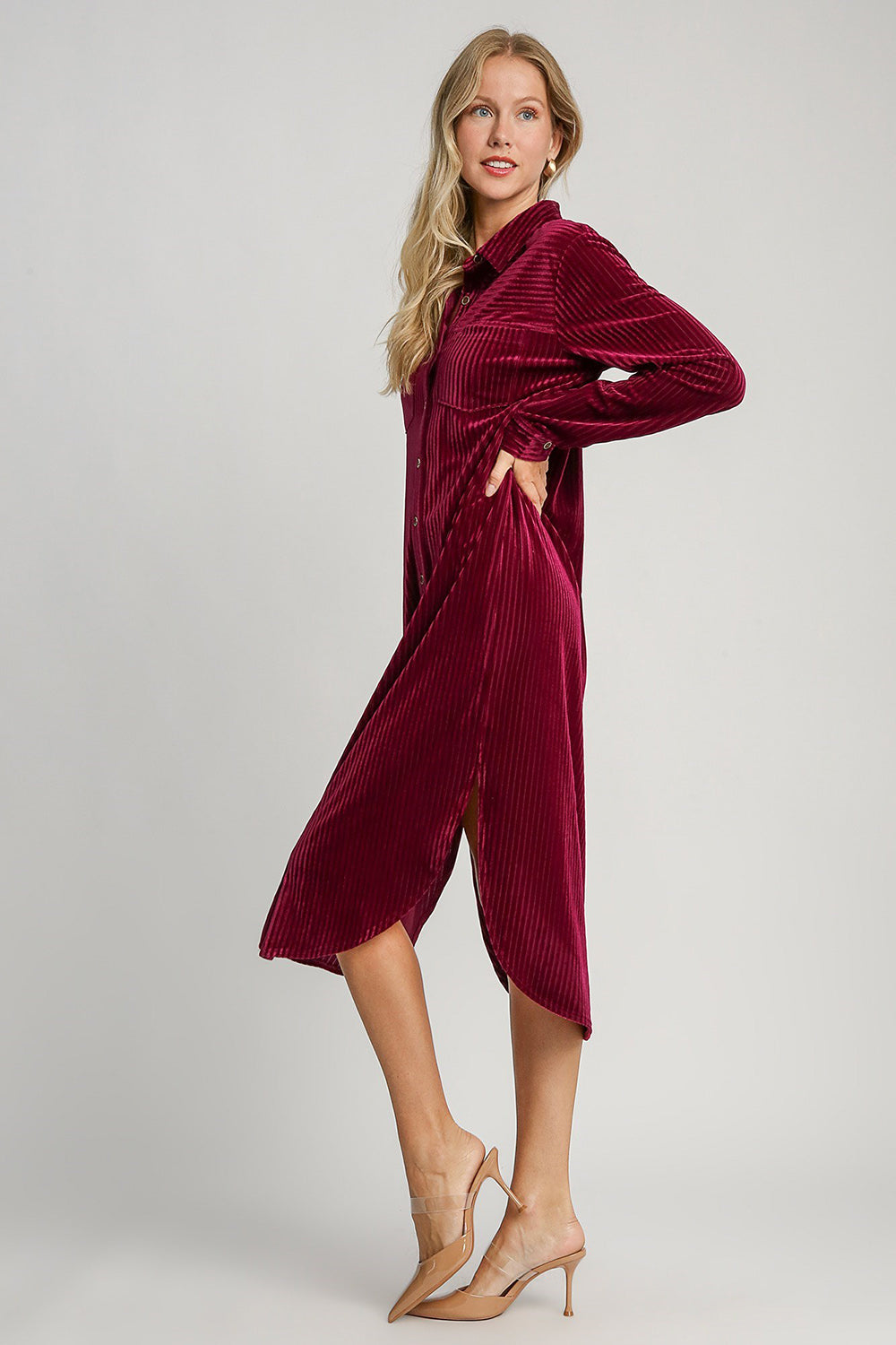 Texture Curved Hem Button Down Shirt Dress