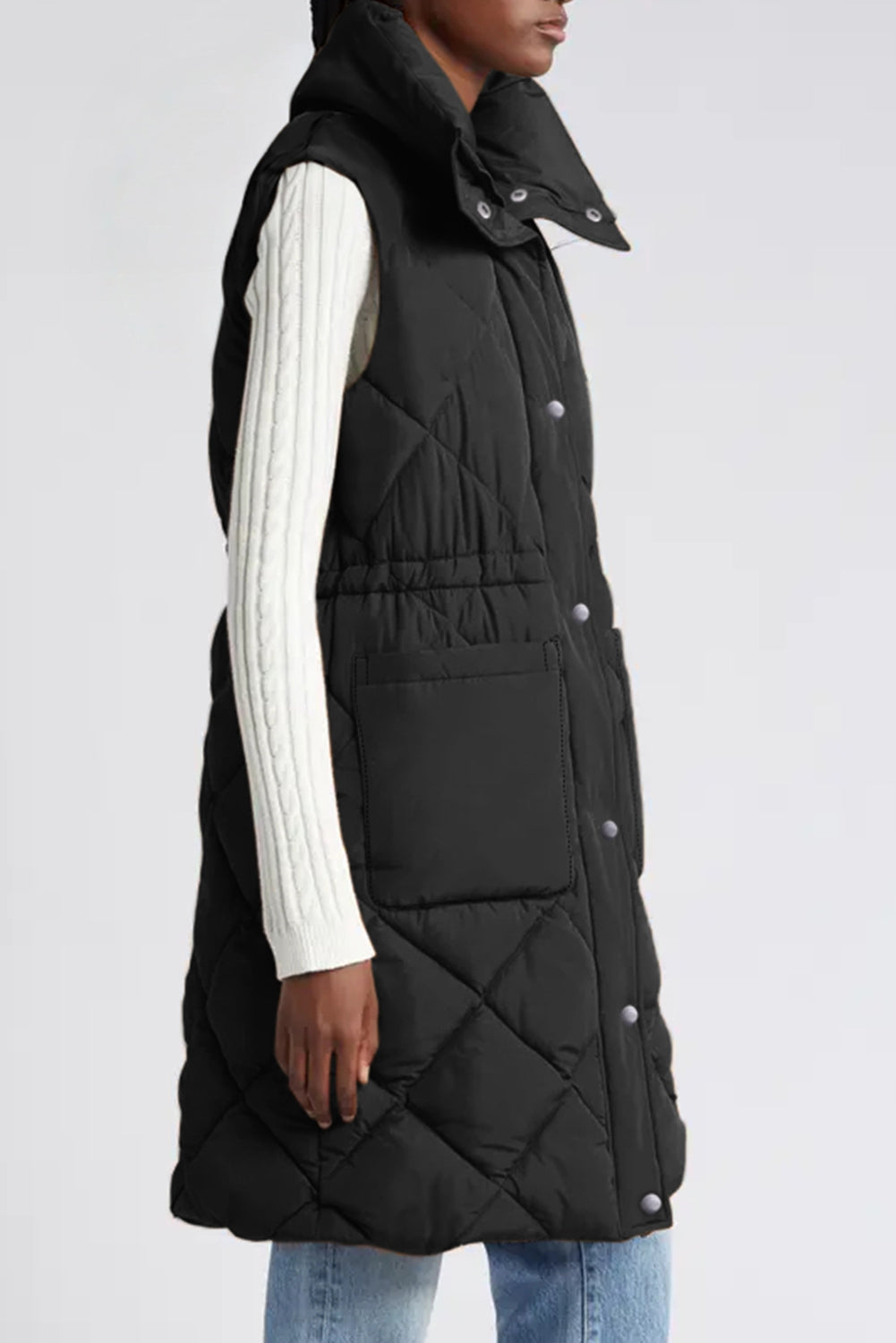 Black Puffer Quilted Stand Collar Pocketed Vest Coat