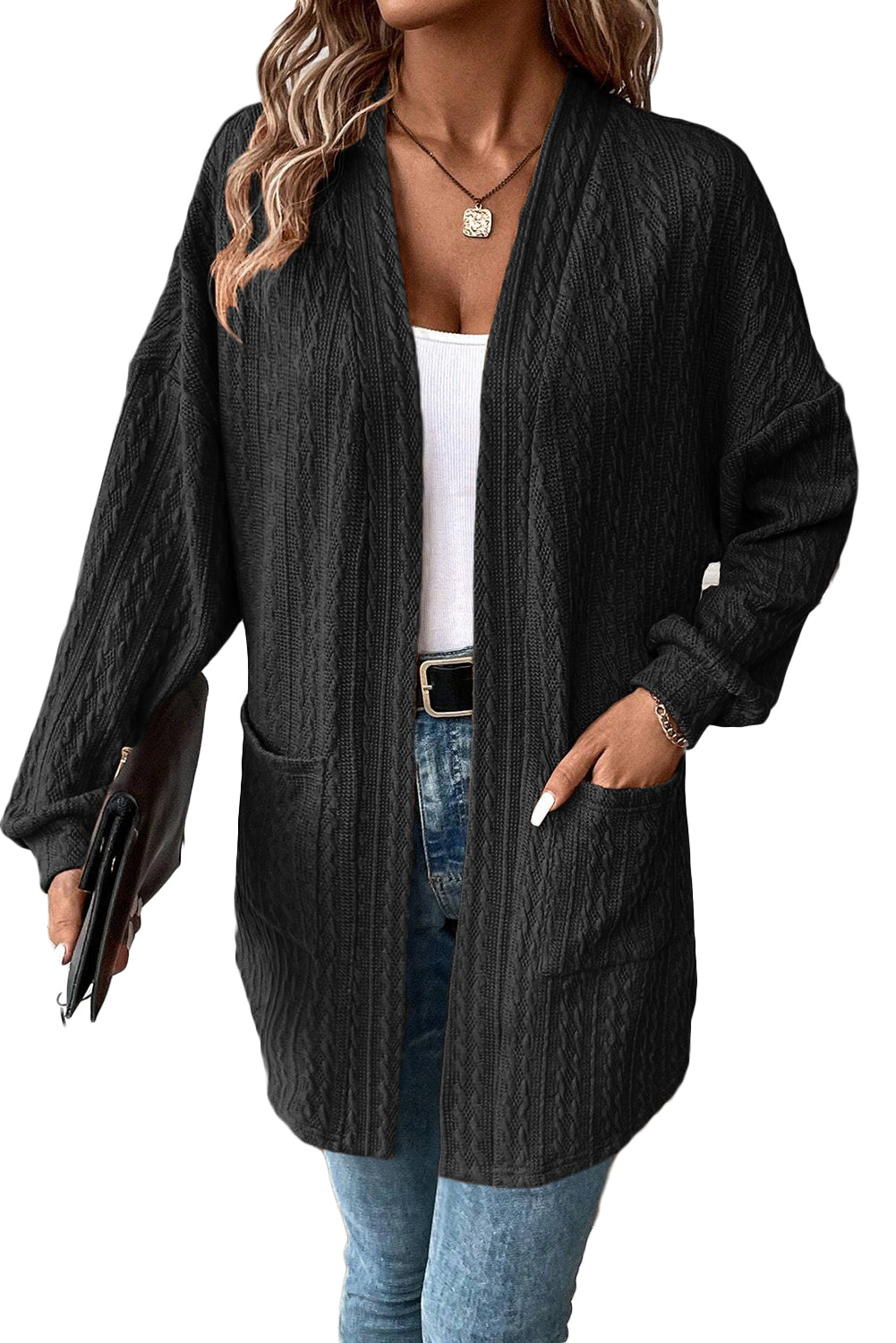 Canton Textured Knit Side Pockets Open Front Cardigan