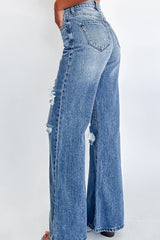 Blue Acid Wash Distressed Wide Leg High Waist Jeans