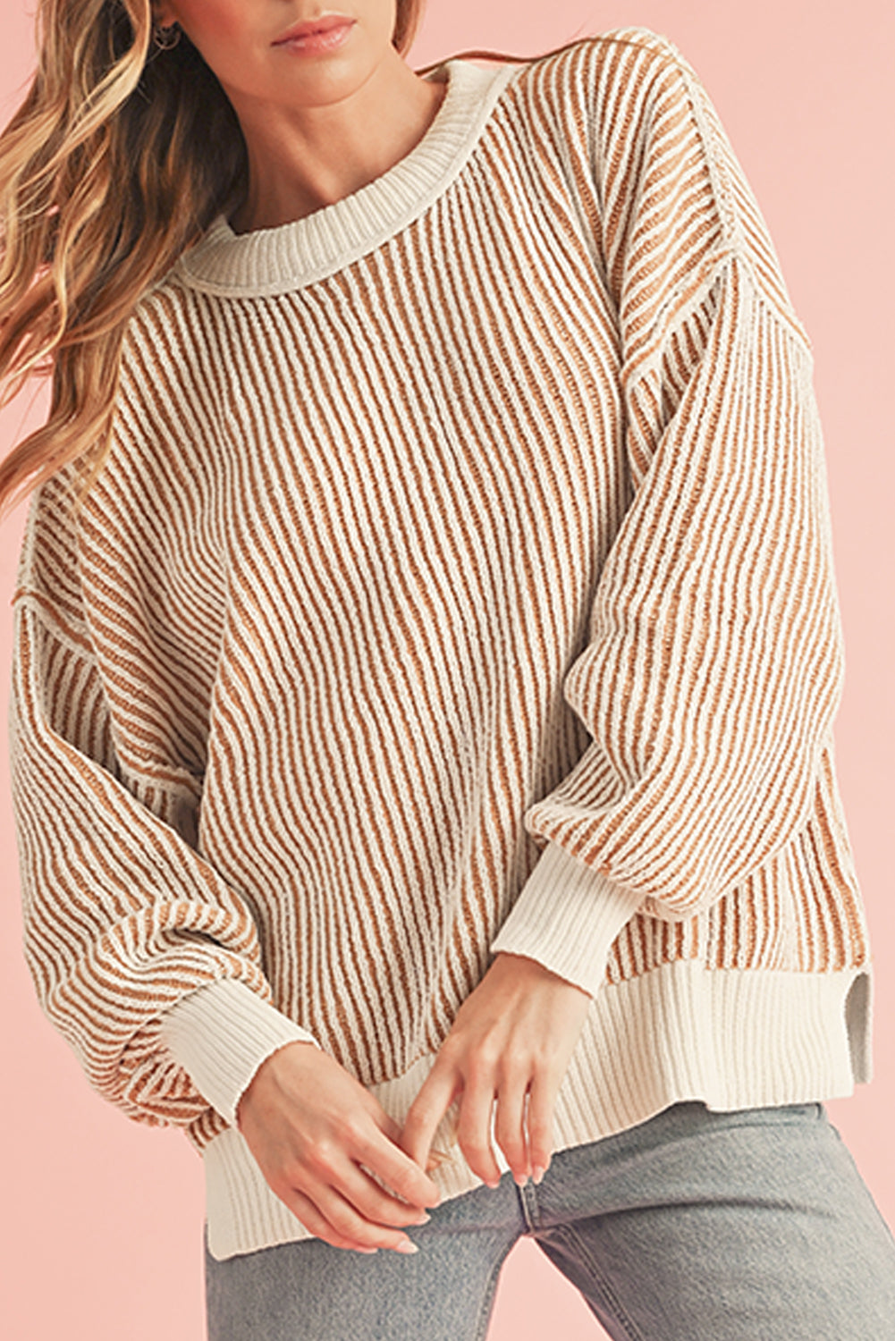 Chestnut Striped Contrast Trim Loose Sweater