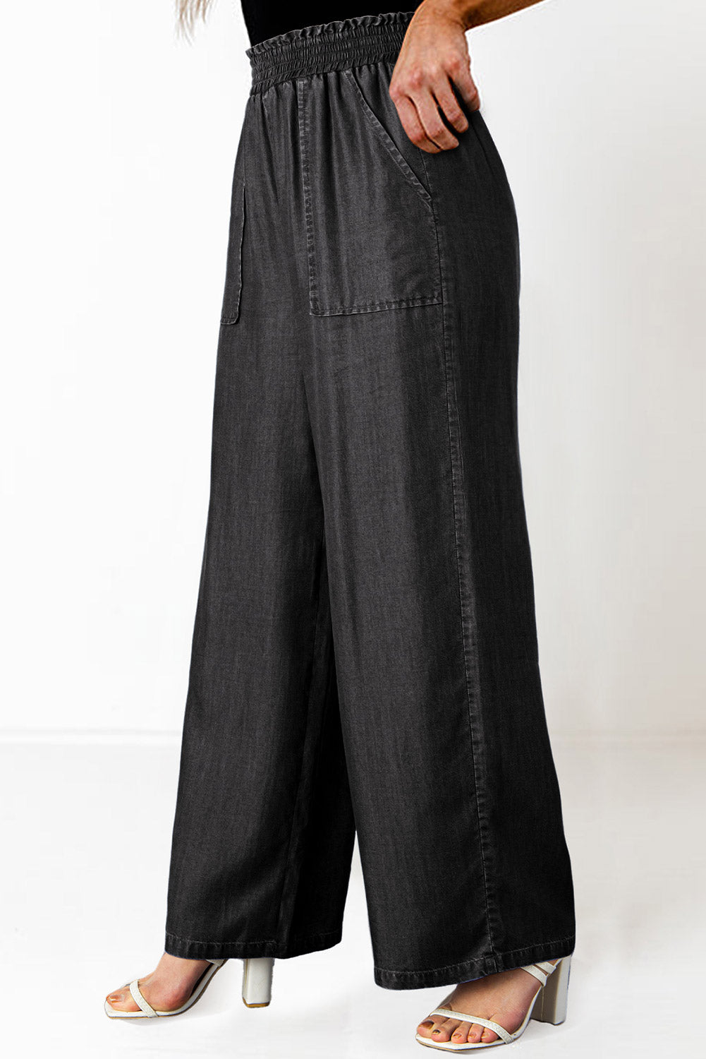 Black Side Pockets Frilled Smocked High Waist Wide Leg Jeans