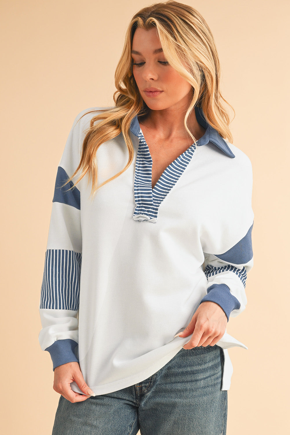 Sail Blue Striped Patchwork Collar Sweatshirt