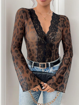 Perfee Leopard V-Neck Lace Bodysuit - PD SECRET REALM