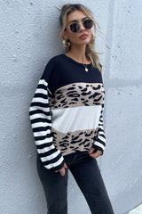 Perfee Mixed Print Color Block Knitted Pullover