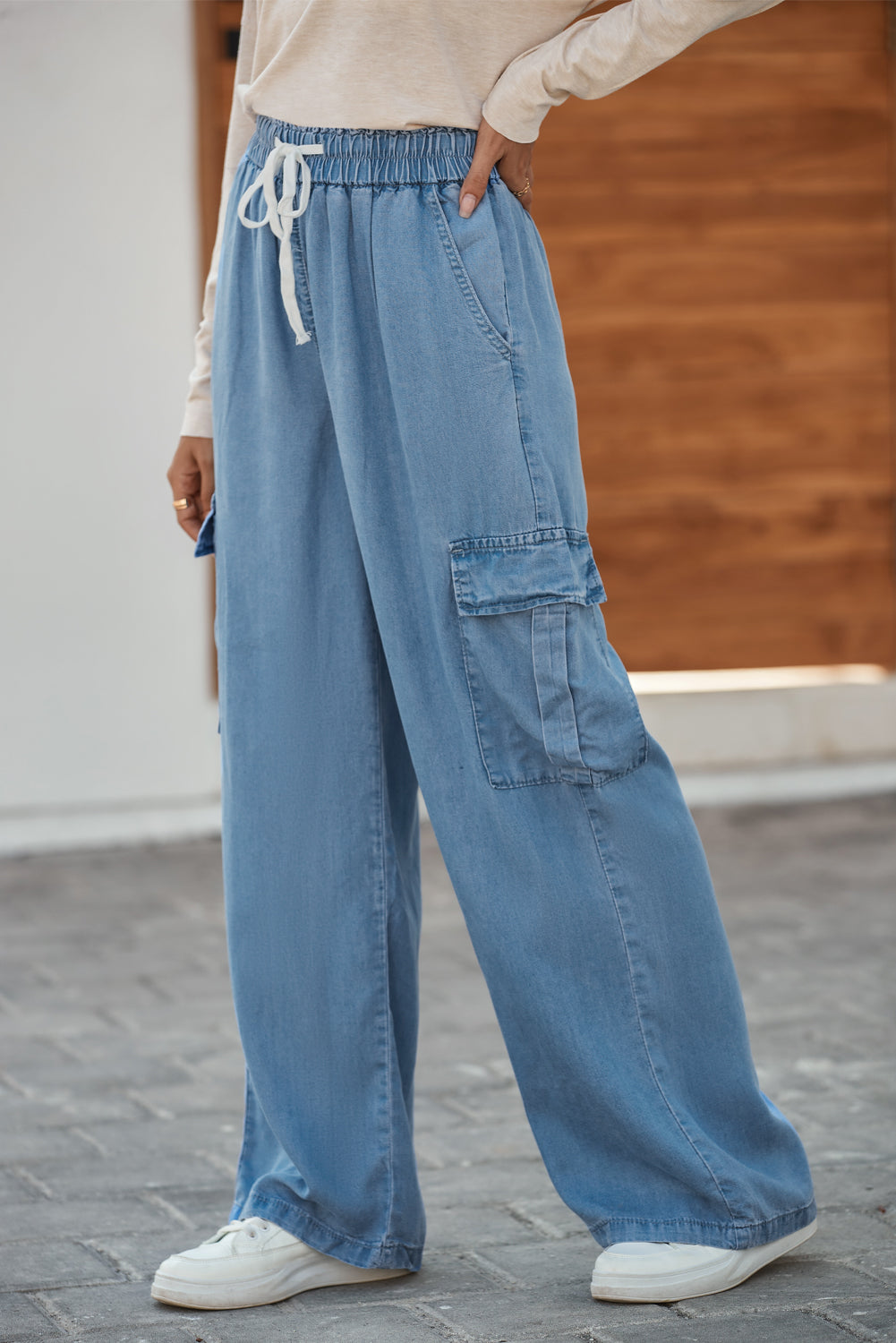 Sky Blue Drawstring High Waist Cargo Pocket Wide Leg Jeans