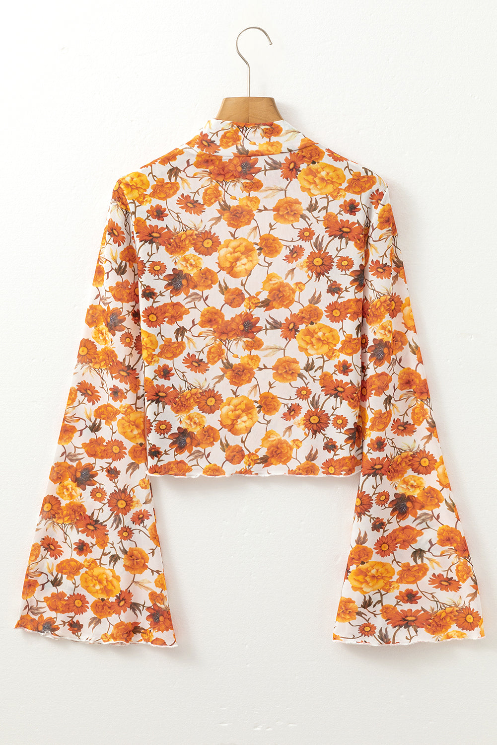 Orange Floral Print Bell Sleeve Mock Neck Scallop Trim Blouse