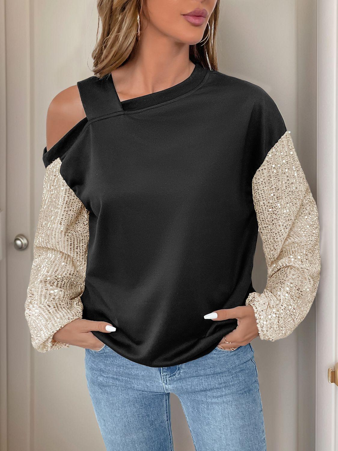 Perfee Sequin Asymmetrical Neck Long Sleeve Sweatshirt - PD SECRET REALM