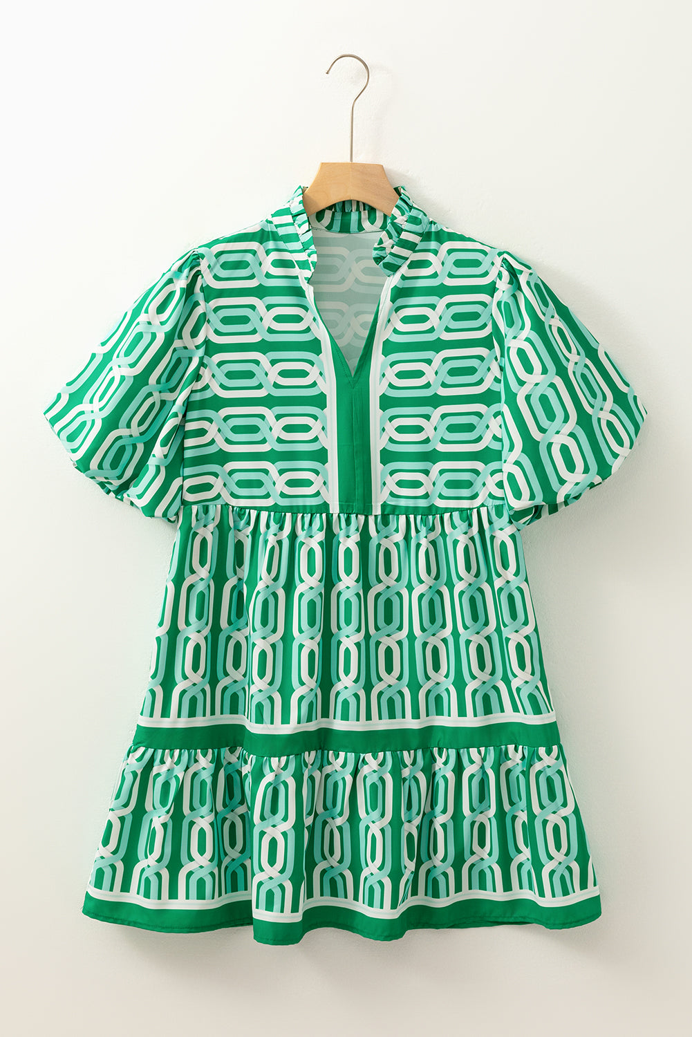 Bright Green Abstract Print V-Neck Puff Sleeve Mini Dress