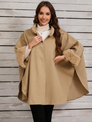 Fuzzy Trim Long Sleeve Poncho - PD SECRET REALM