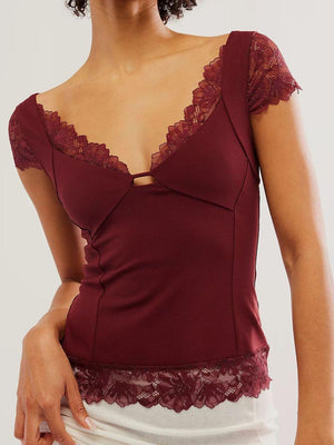 Lace Detail V-Neck Cap Sleeve Top - PD SECRET REALM