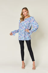 Double Take Full Size Printed Flounce Sleeve Blouse