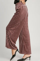 Full Size Elastic Waist Striped Wide Leg Velvet Pants