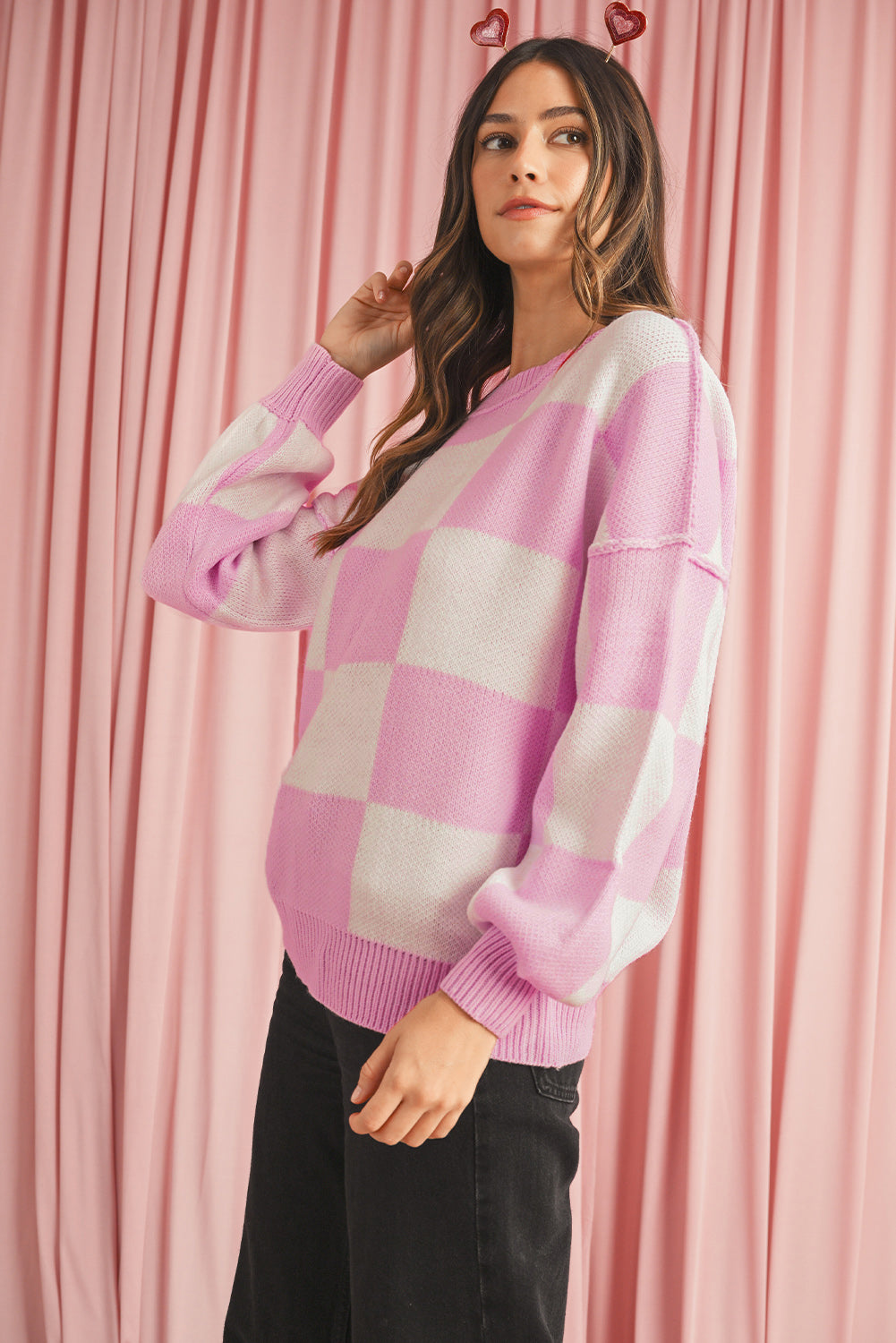 Green Checkered Bishop Sleeve Pullover Sweater