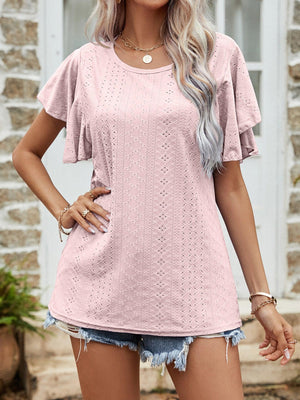 Round Neck Flutter Sleeve Blouse - PD SECRET REALM