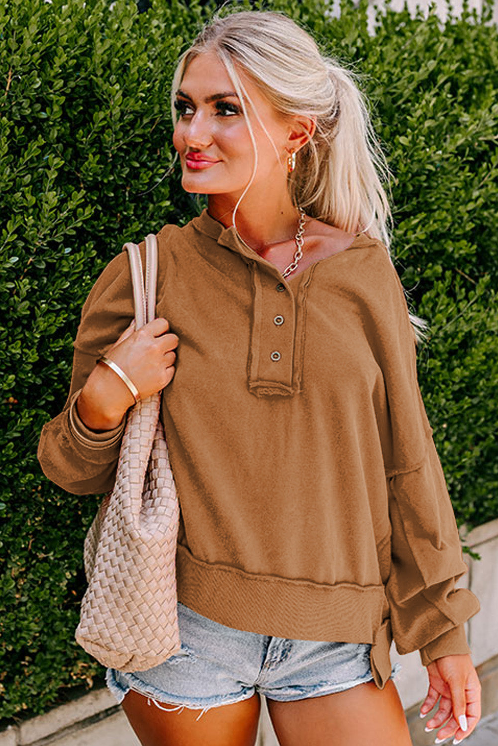 Chestnut Slouchy Drop Shoulder Henley Sweatshirt