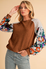 Laurel Green Floral Patchwork Raglan Sleeve Ribbed Blouse