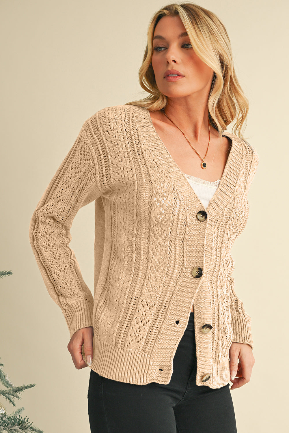 Green Hollow Knit Drop Shoulder Cardigan