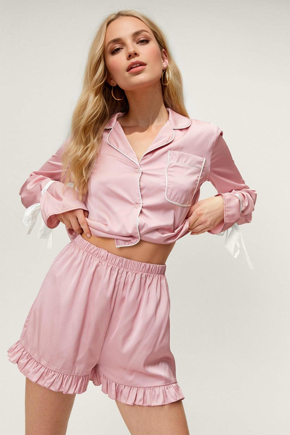 Tied Cuff Collared Neck Top and Frill Shorts Lounge Set - PD SECRET REALM