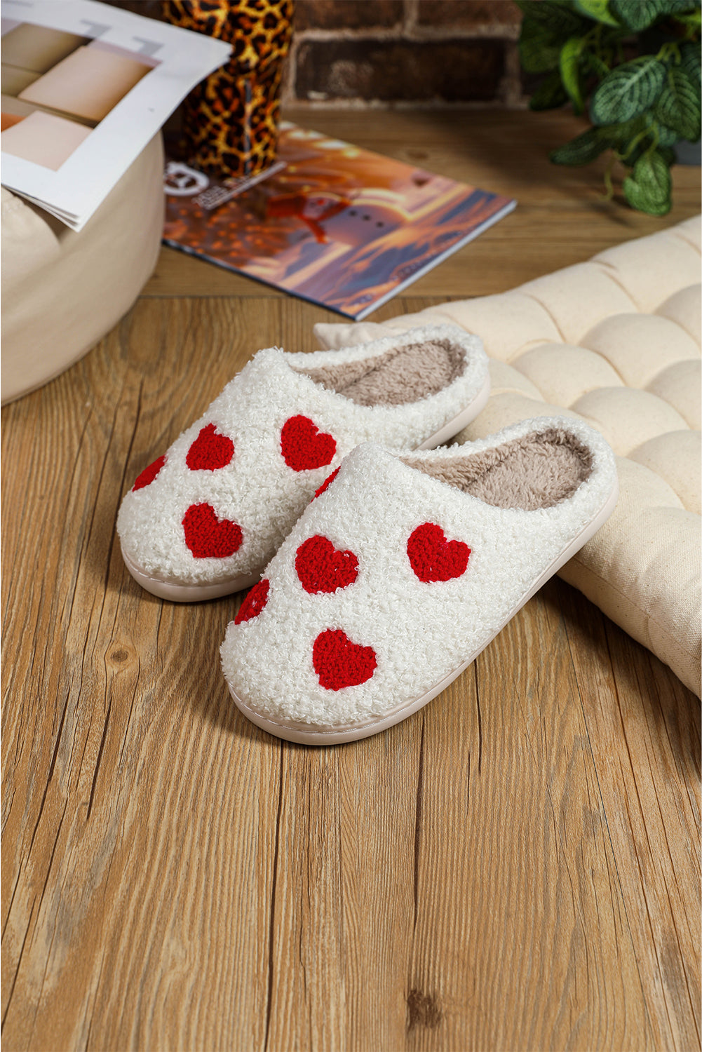 White Valentines Day Hearts Print Plush Slippers