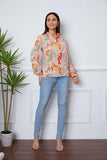 Floral Frill Notched Long Sleeve Blouse - PD SECRET REALM