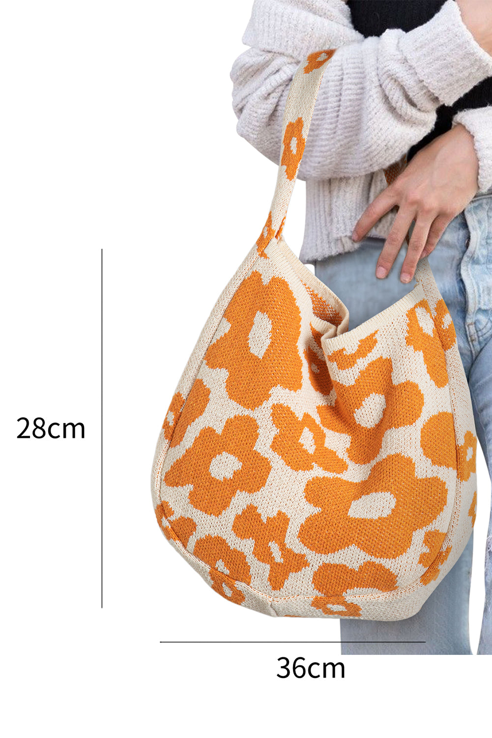 Mustard 60s Flower Print Knitted Large Single Shoulder Bag