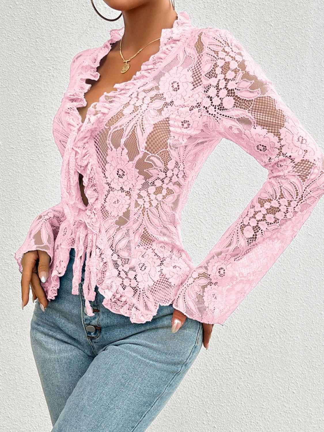 Tied V-Neck Long Sleeve Lace Top - PD SECRET REALM