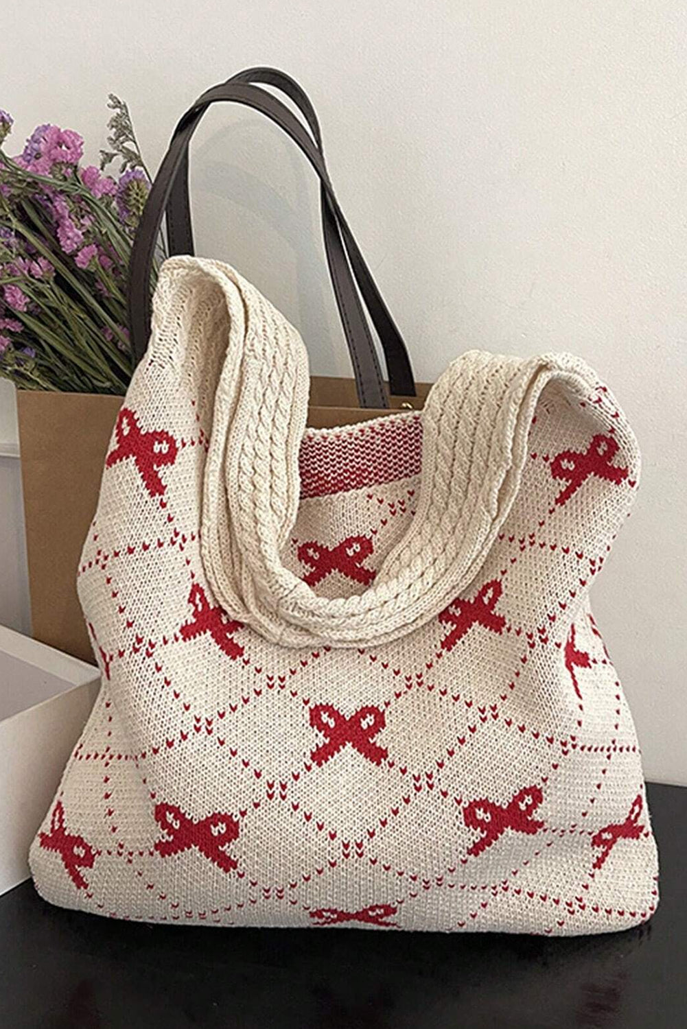 Fiery Red Bow Argyle Pattern Cable Knit Shoulder Bag