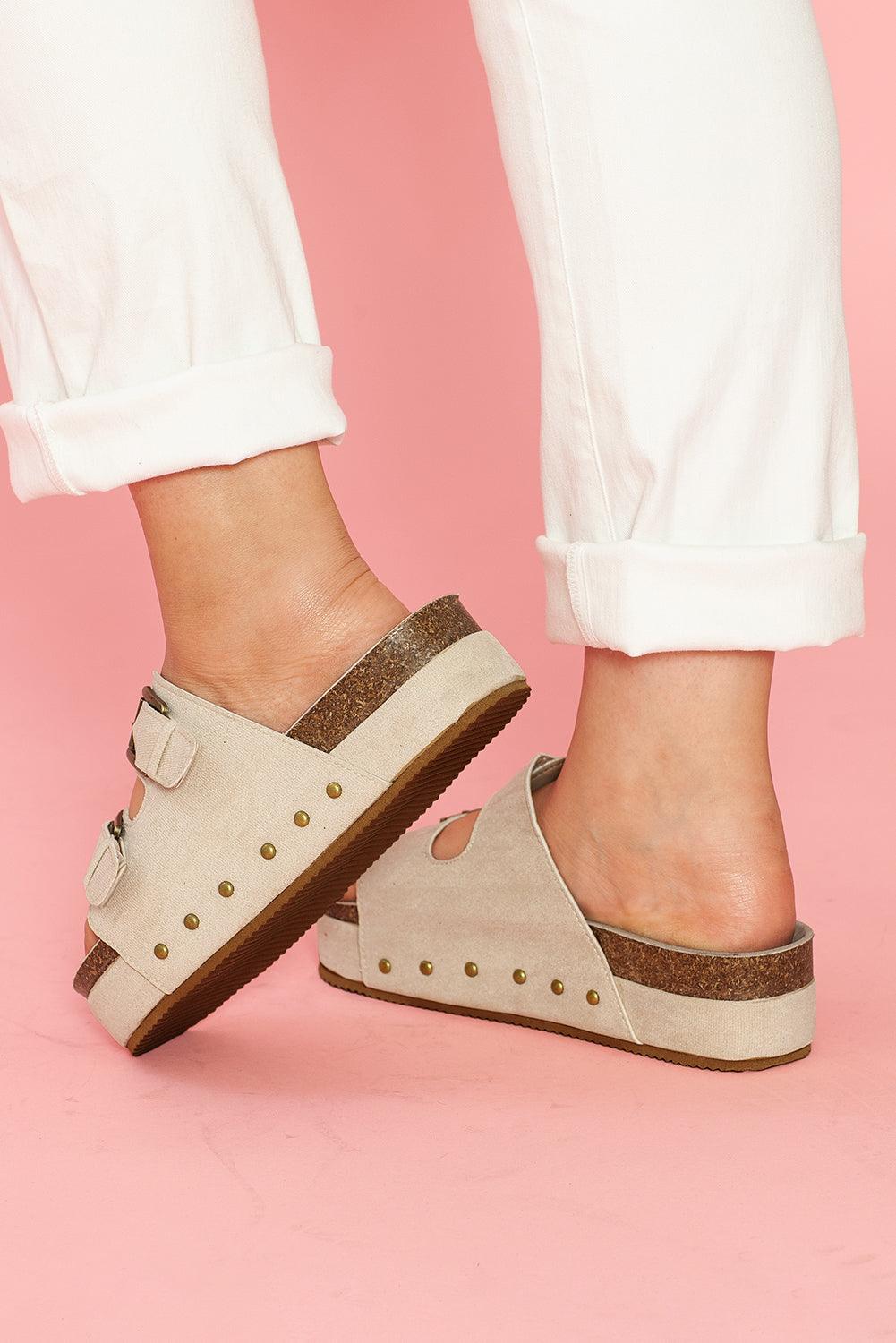 Beige Suede Buckle Decor Corky Platform Slides Shoes