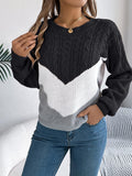 Cable-Knit Color Block Round Neck Sweater - PD SECRET REALM