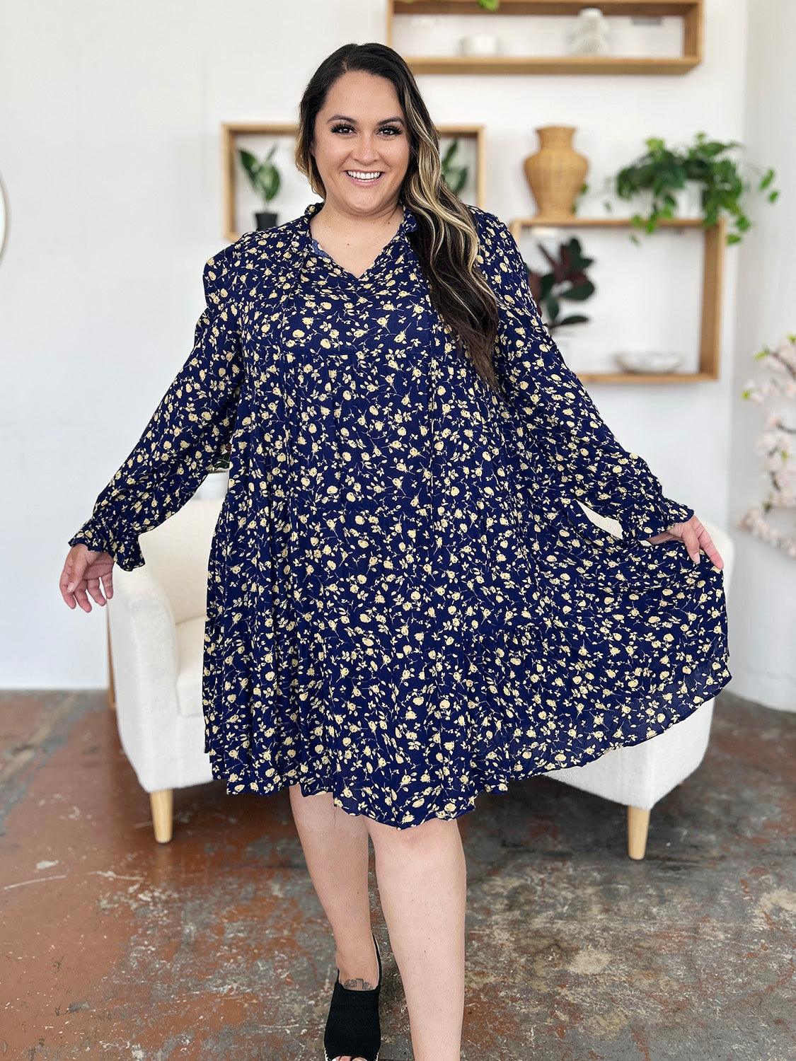 Full Size Printed Ruffle Hem Long Sleeve Tiered Dress