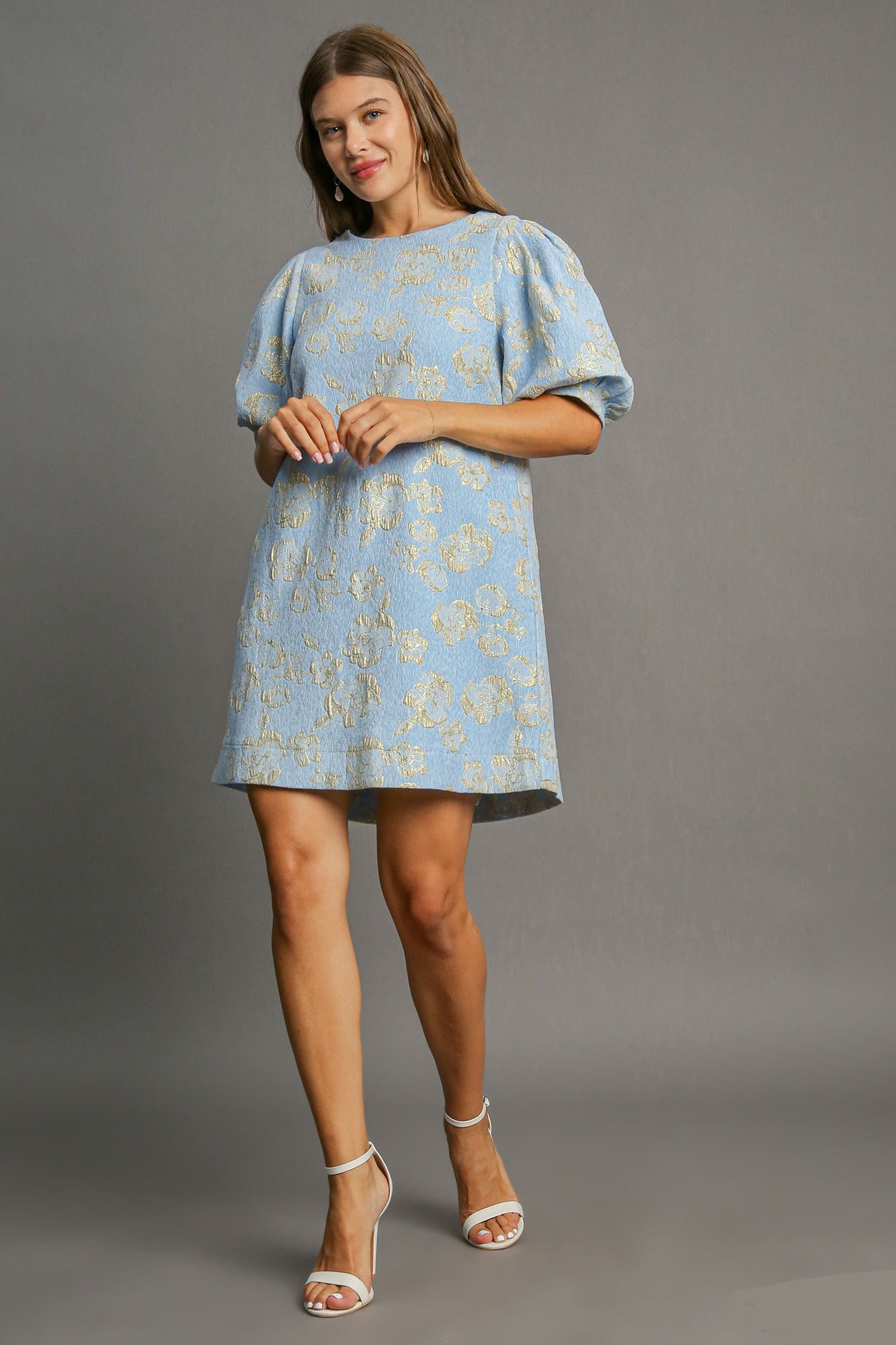 Floral Jacquard Puff Sleeve Mini Dress