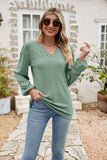 Eyelet Notched Neck Balloon Sleeve Blouse - PD SECRET REALM