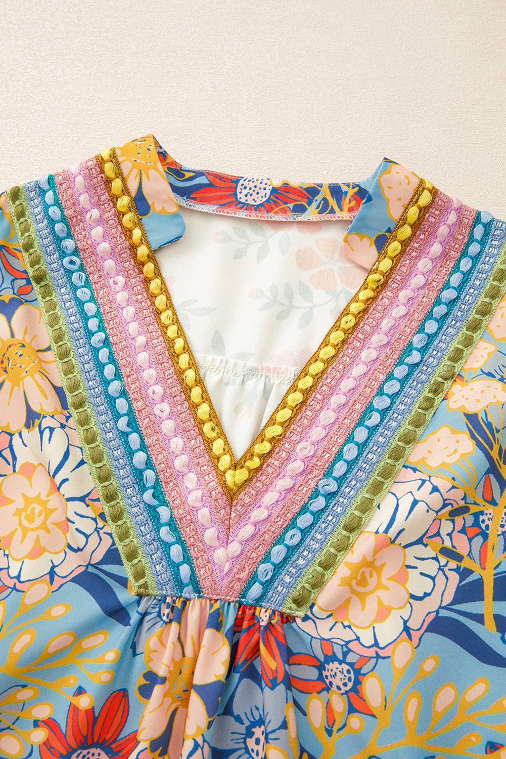 Multicolour V Neck Half Sleeve Boho Floral Blouse