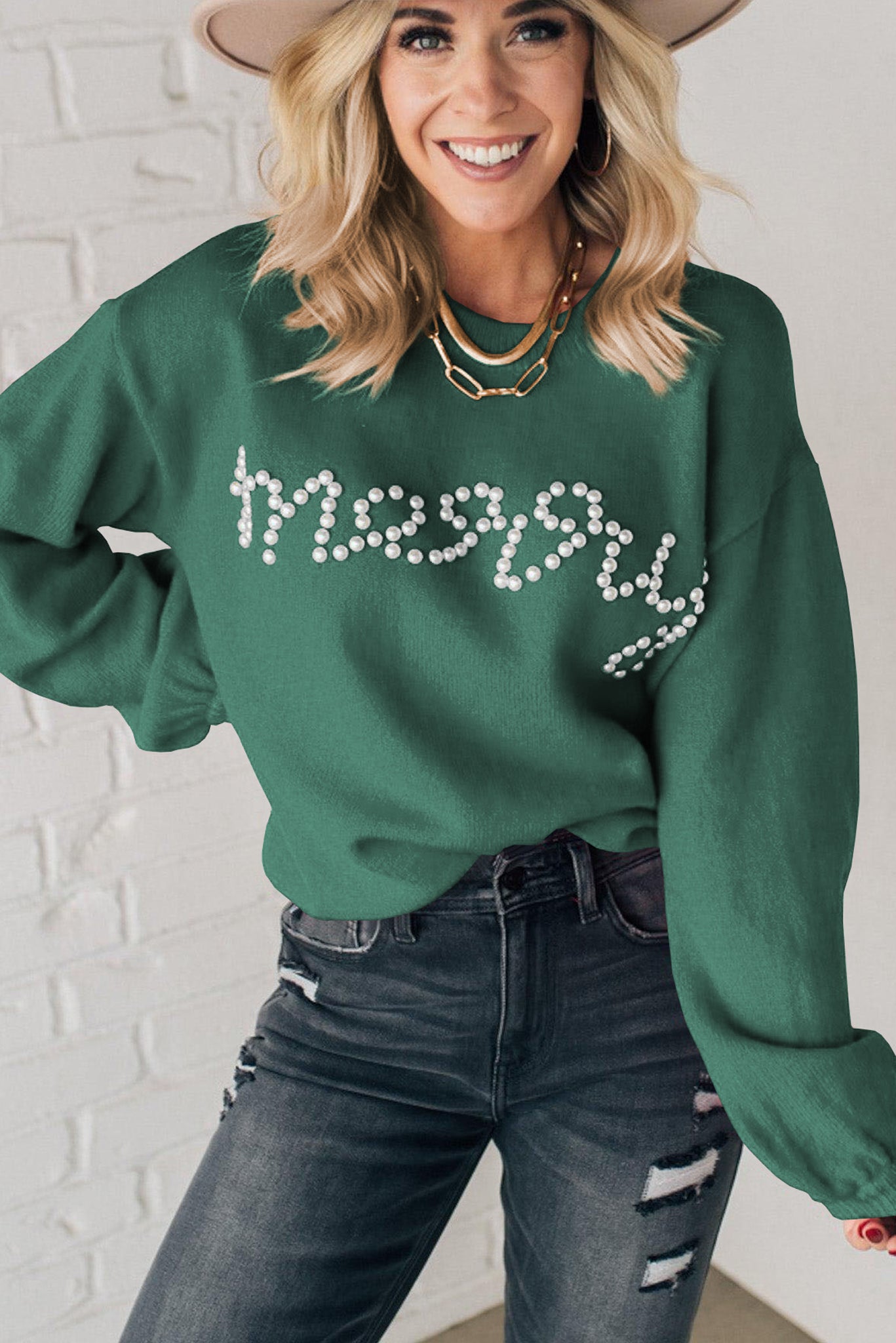 Fiery Red Pearl Beaded Merry Casual Sweater