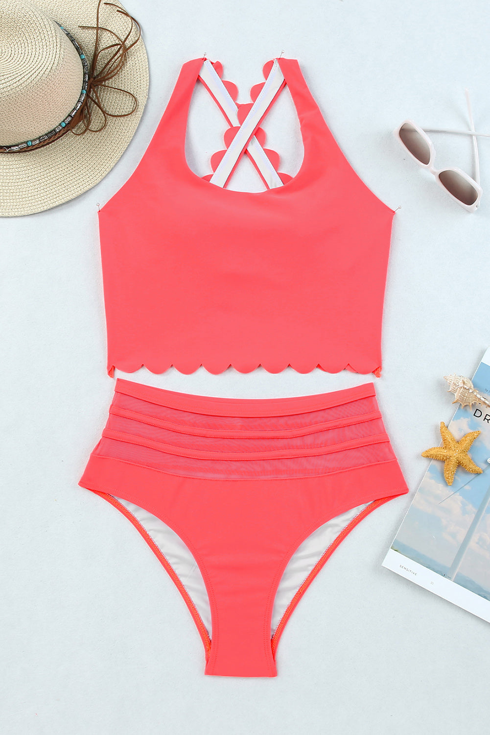 Red Scalloped Trim Criss Cross Contrast Mesh Two Piece Swimsuit