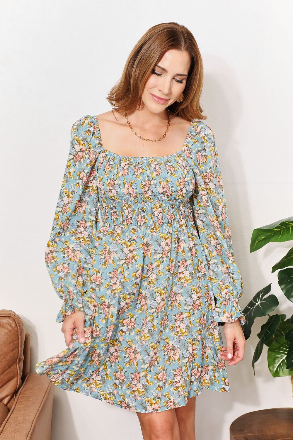 Honey Floral Smocked Flounce Sleeve Square Neck Dress - PD SECRET REALM